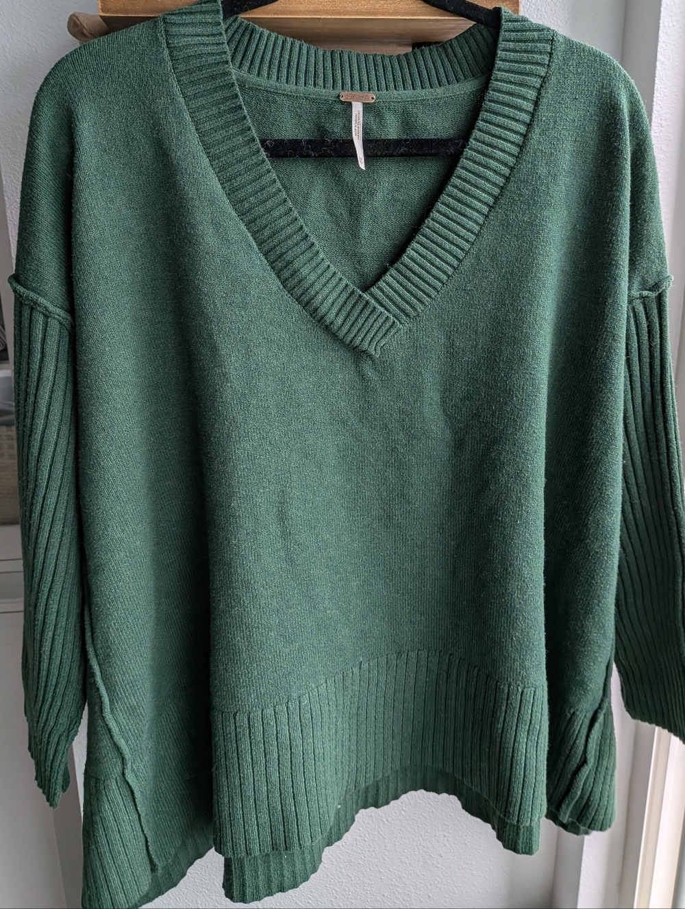 Free People Orion A-Line Tunic Sweater Green XS Oversized Ribbed V-Neck